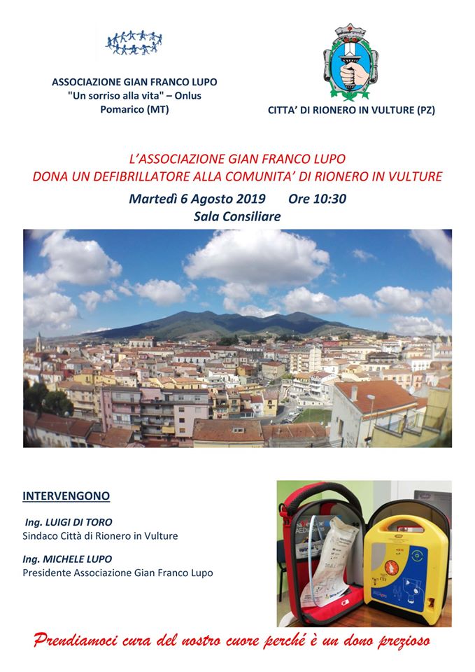 L'associazione “Gian Franco Lupo” consegna un defibrillatore alla città di Rionero in Vulture