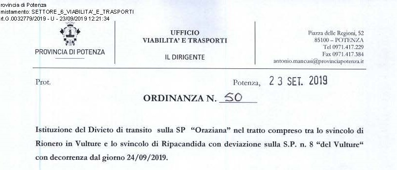 Provincia di Potenza - Ufficio Viabilità e Trasporti Ordinanza n.50