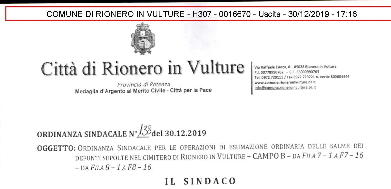 Ordinanza n°138 del 30.12.2019